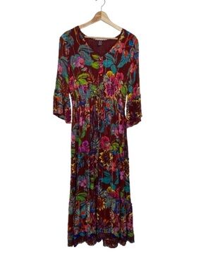 Life is Magic | Botanical Floral Boho Maxi Dress - Vibrant Burgundy - Size L